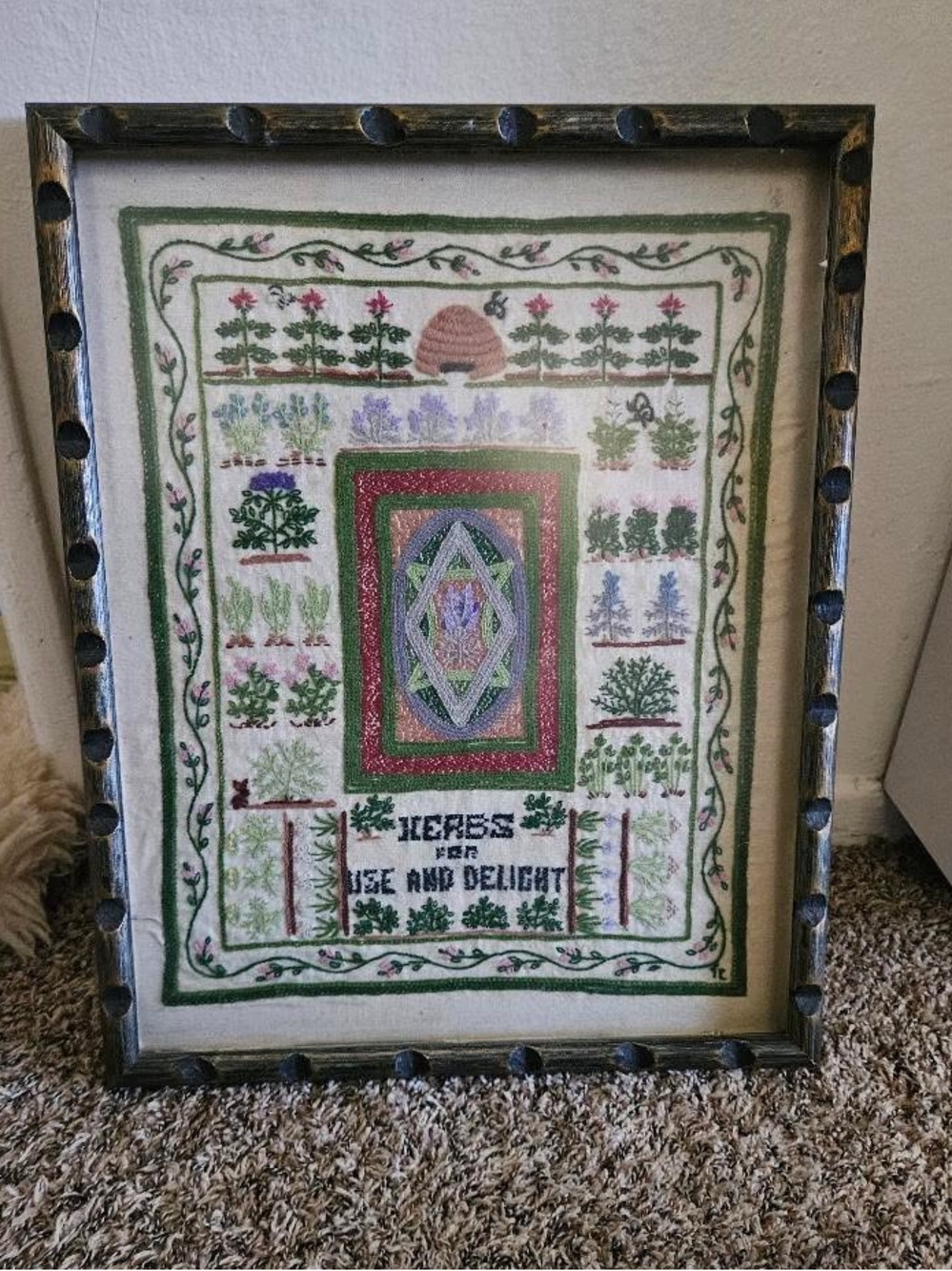 “Herbs for Use and Delight” Custom Framed TRUE VINTAGE Needlepoint Sampler 🪲